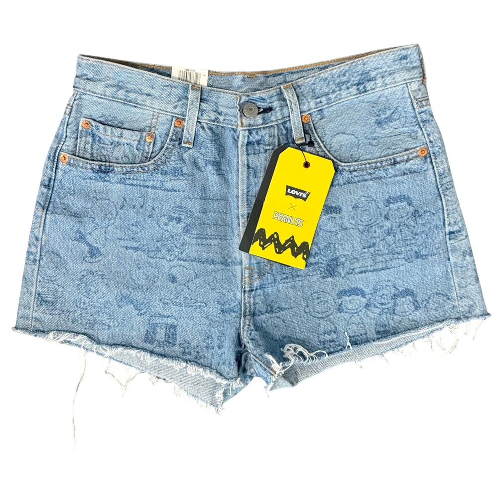 Levi's Peanuts Charlie Brown 501 High Rise Print Denim Jean Shorts Sz 28 NEW Tag